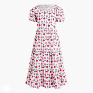 J Crew Factory Tiered Poplin Puff-sleeve Midi Dress